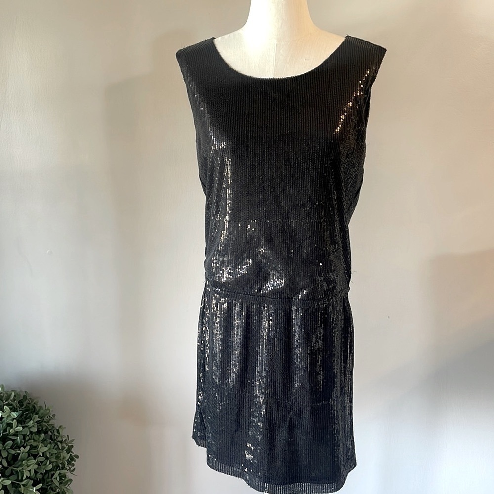 EXPRESS formal / evening cocktail black sequins dress cap sleeve lined SM